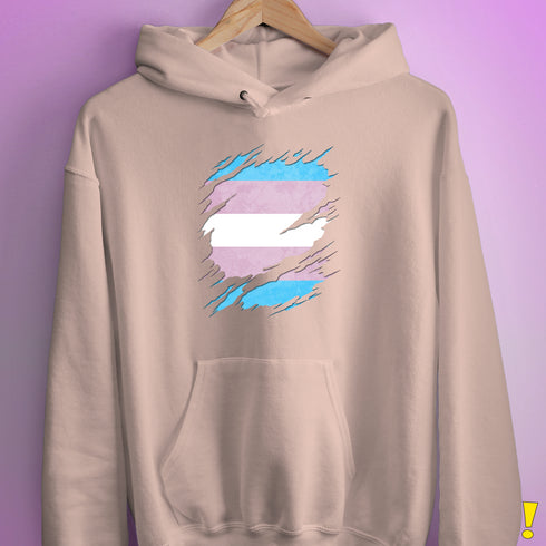 Transgender Pride Flag Ripped Reveal Hoodie - Light Pink